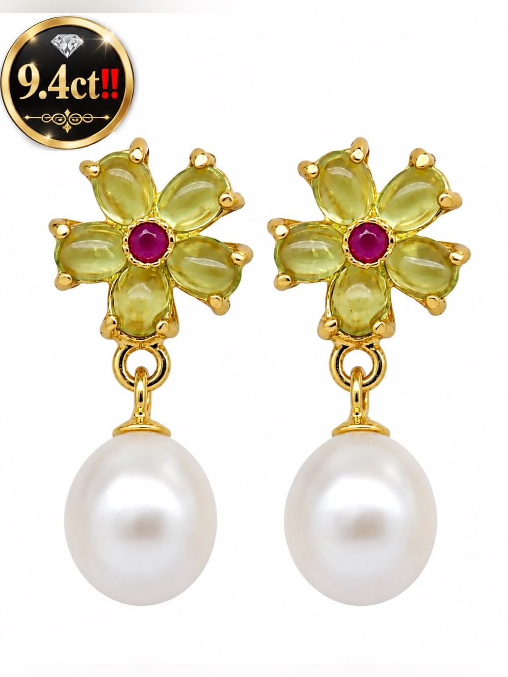 Peridot Ruby Pearl Earrings 14k yellow gold on silver 9.4ct